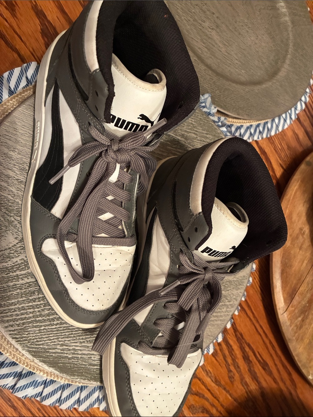 Puma High-Top Sneakers in White, Gray & Black basketball shoes